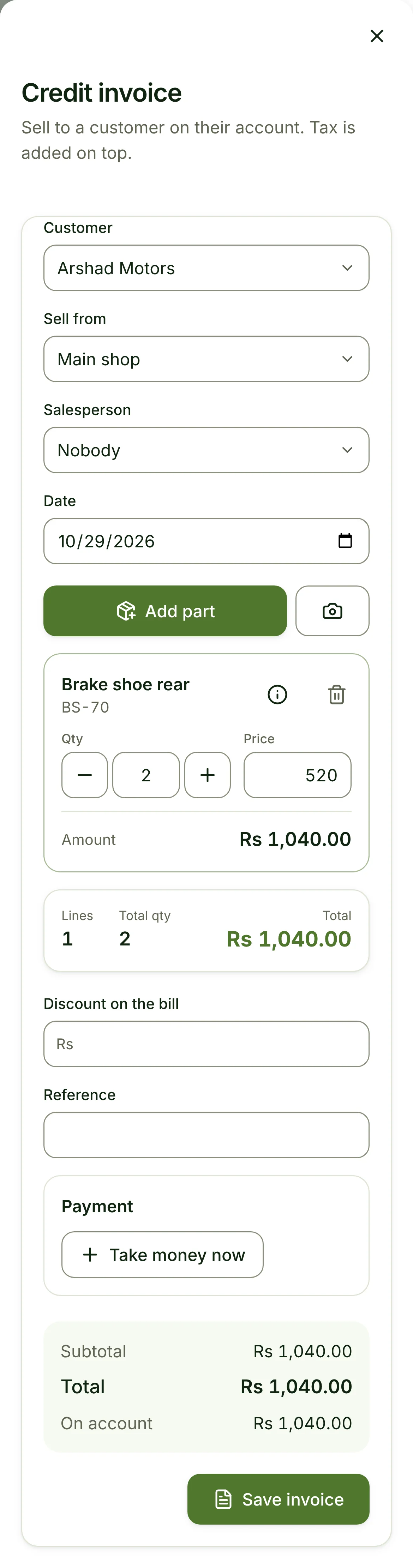 The Sell screen opened by the assistant, prefilled with Arshad Motors and 2 brake shoes on credit
