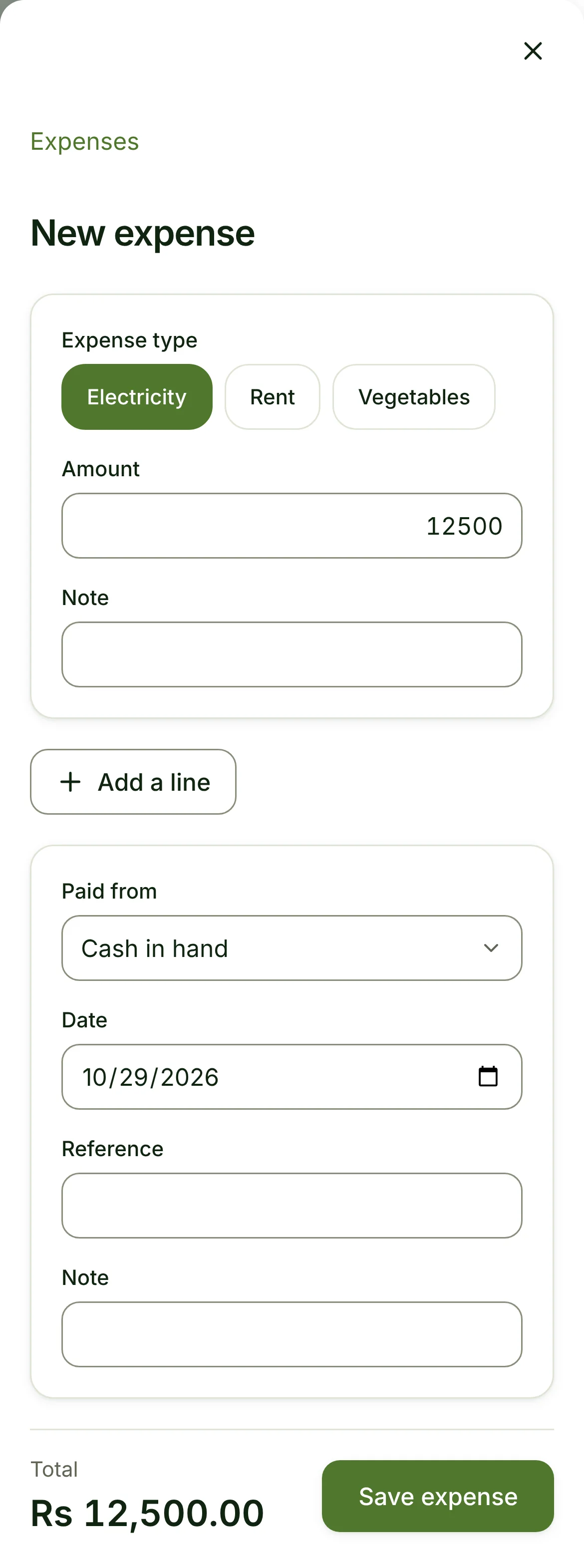 An electricity expense of 12,500, prefilled by the assistant in a restaurant