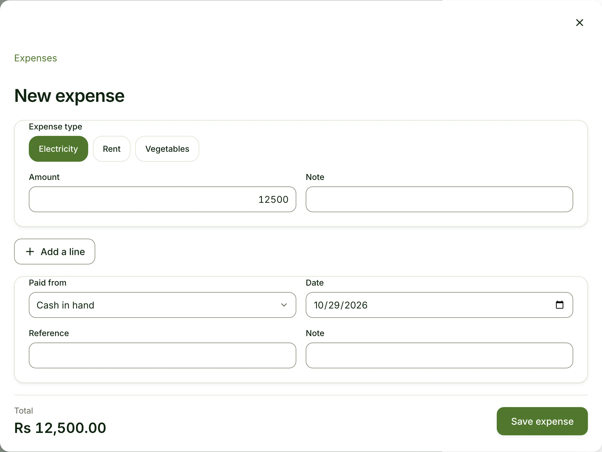 An electricity expense of 12,500, prefilled by the assistant in a restaurant